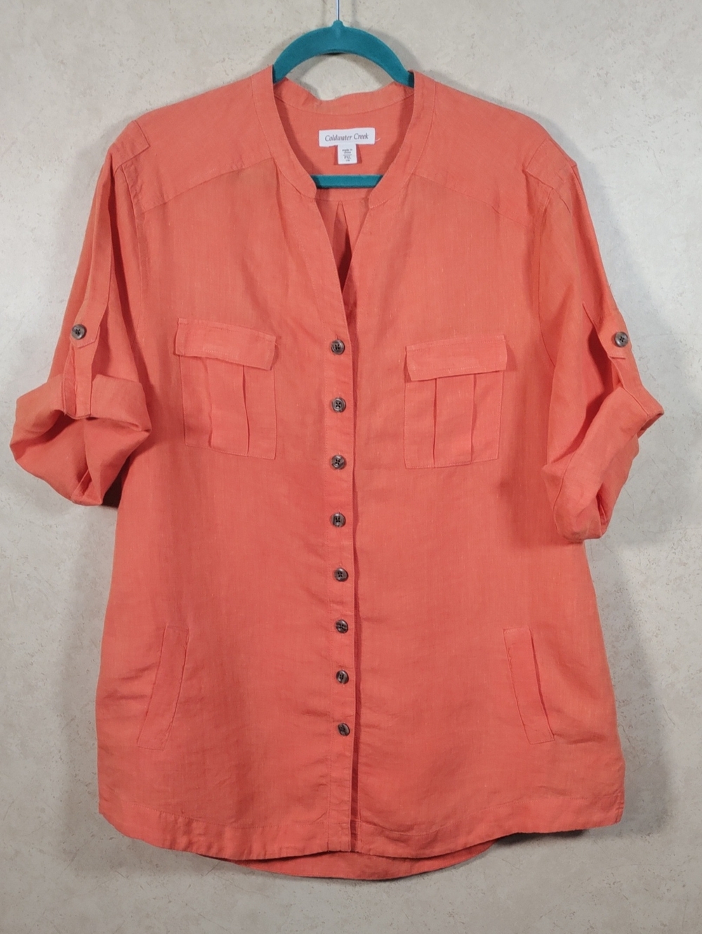 H154 Coldwater Creek Coral Split-Neck Linen Top PXL